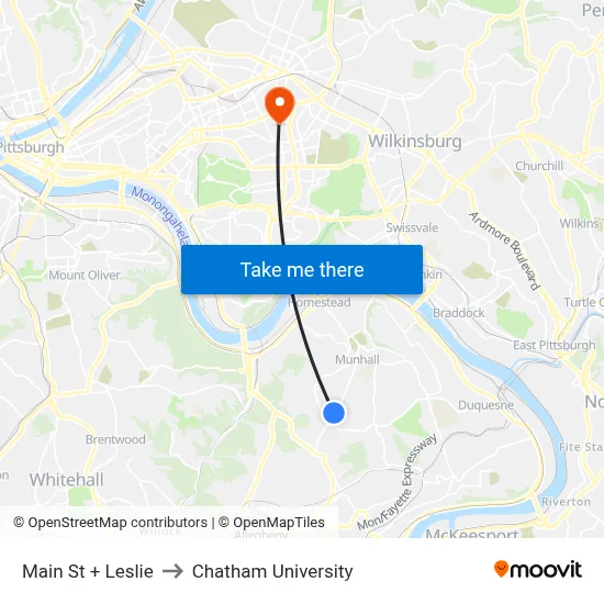 Main St + Leslie to Chatham University map