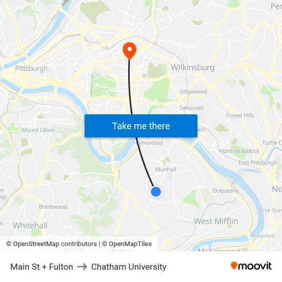 Main St + Fulton to Chatham University map