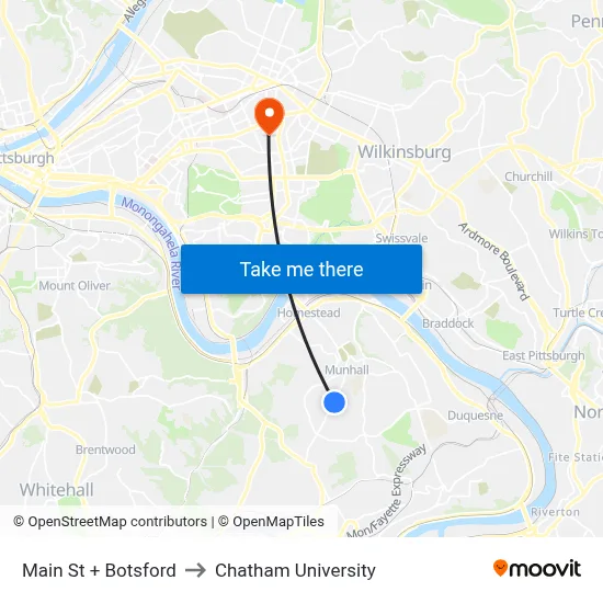Main St + Botsford to Chatham University map