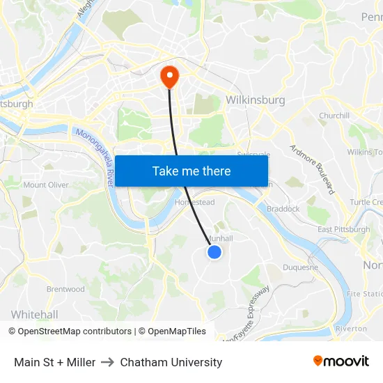 Main St + Miller to Chatham University map