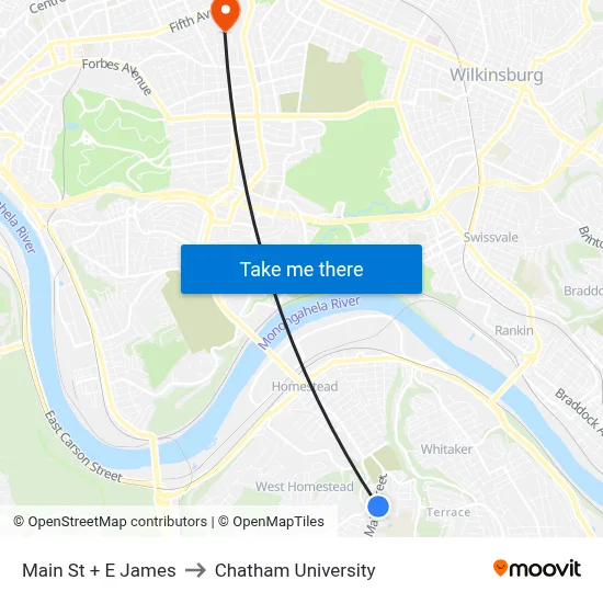 Main St + E James to Chatham University map