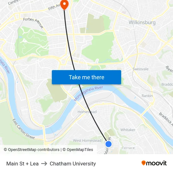 Main St + Lea to Chatham University map