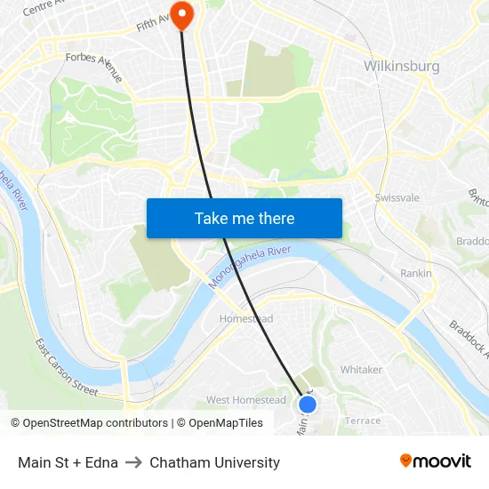 Main St + Edna to Chatham University map