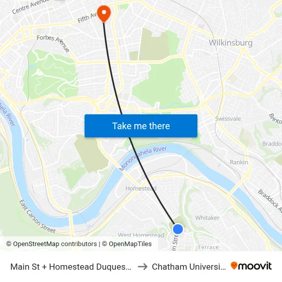 Main St + Homestead Duquesne to Chatham University map