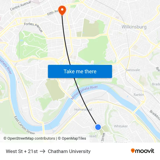West St + 21st to Chatham University map