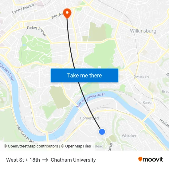 West St + 18th to Chatham University map