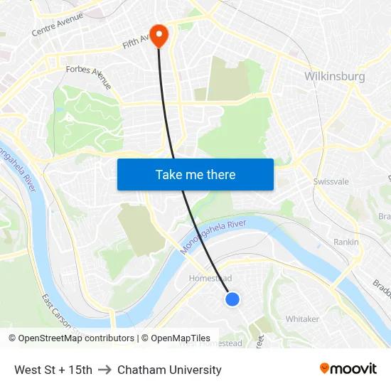 West St + 15th to Chatham University map