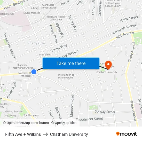 Fifth Ave + Wilkins to Chatham University map