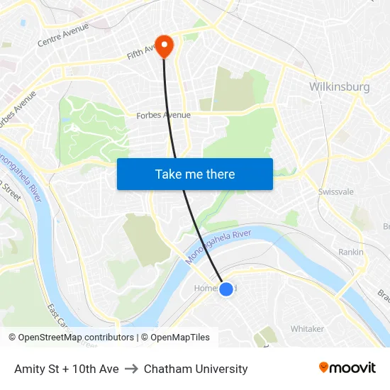Amity St + 10th Ave to Chatham University map
