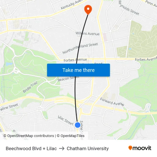 Beechwood Blvd + Lilac to Chatham University map