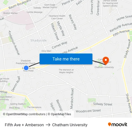 Fifth Ave + Amberson to Chatham University map
