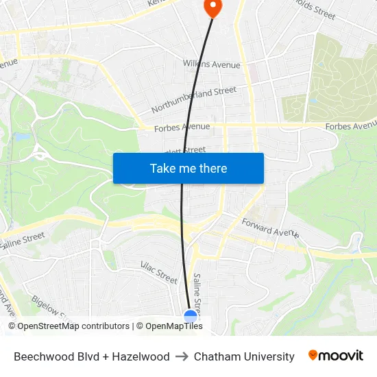 Beechwood Blvd + Hazelwood to Chatham University map