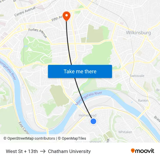 West St + 13th to Chatham University map