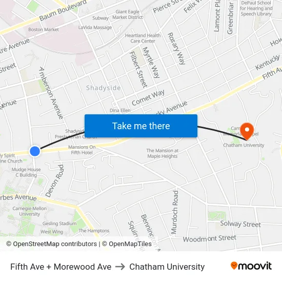 Fifth Ave + Morewood Ave to Chatham University map