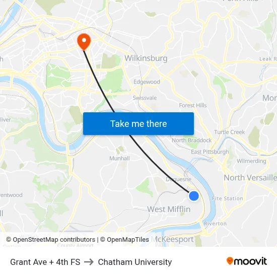 Grant Ave + 4th FS to Chatham University map