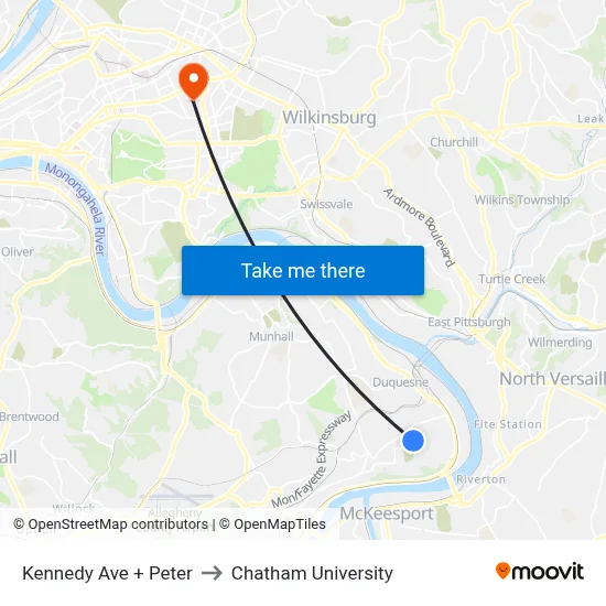 Kennedy Ave + Peter to Chatham University map
