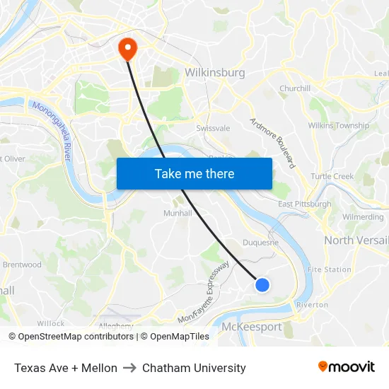 Texas Ave + Mellon to Chatham University map