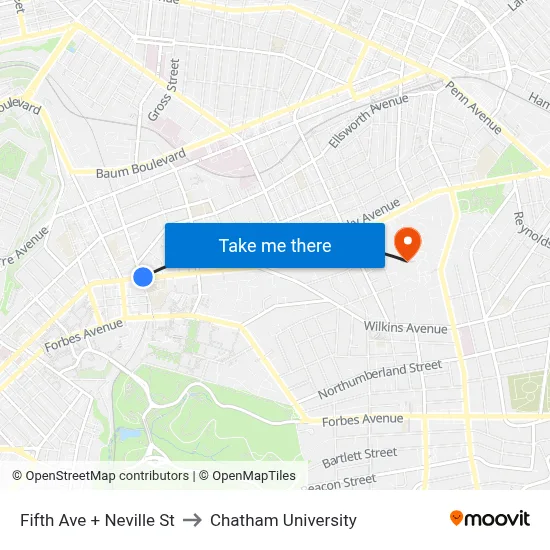Fifth Ave + Neville St to Chatham University map