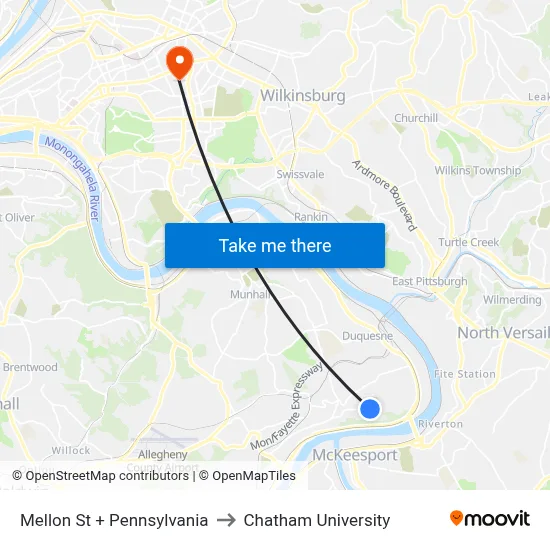 Mellon St + Pennsylvania to Chatham University map