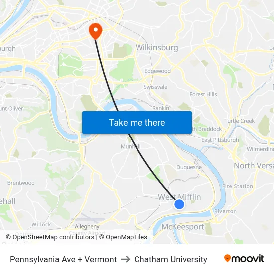 Pennsylvania Ave + Vermont to Chatham University map