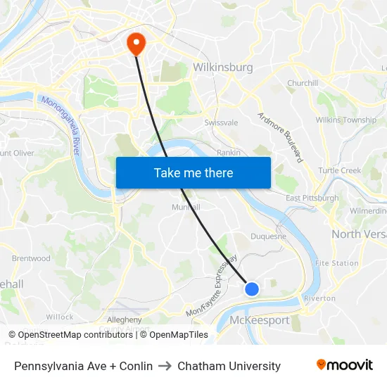 Pennsylvania Ave + Conlin to Chatham University map