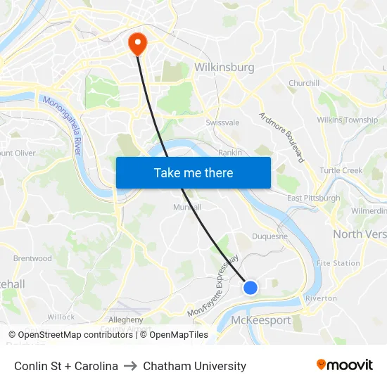 Conlin St + Carolina to Chatham University map