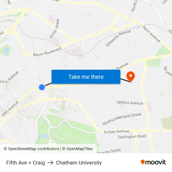 Fifth Ave + Craig to Chatham University map