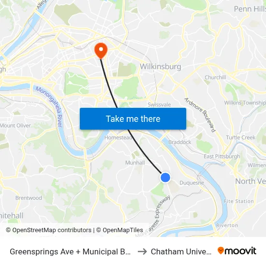 Greensprings Ave + Municipal Building to Chatham University map