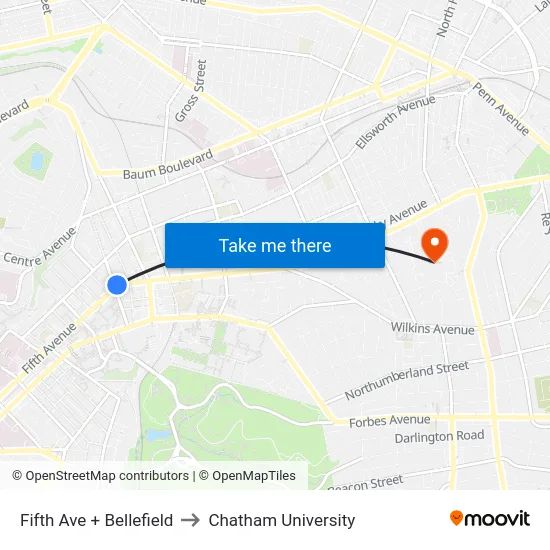 Fifth Ave + Bellefield to Chatham University map