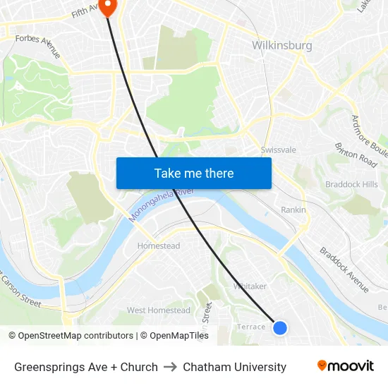 Greensprings Ave + Church to Chatham University map