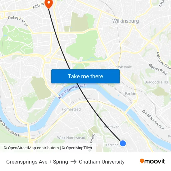 Greensprings Ave + Spring to Chatham University map