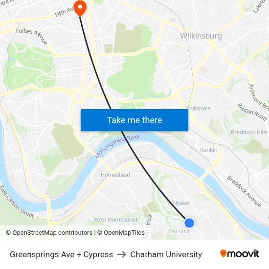 Greensprings Ave + Cypress to Chatham University map