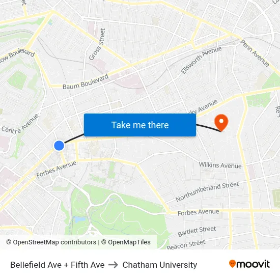 Bellefield Ave + Fifth Ave to Chatham University map