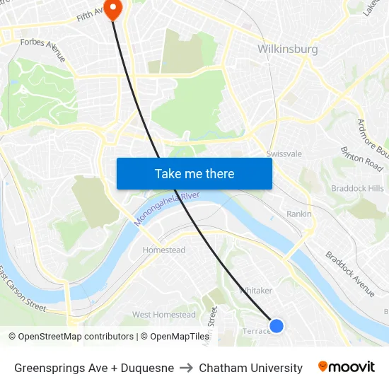 Greensprings Ave + Duquesne to Chatham University map