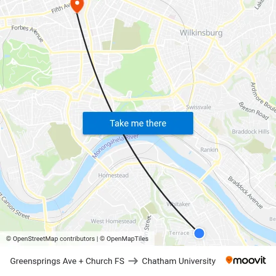 Greensprings Ave + Church FS to Chatham University map