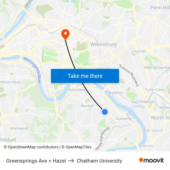 Greensprings Ave + Hazel to Chatham University map