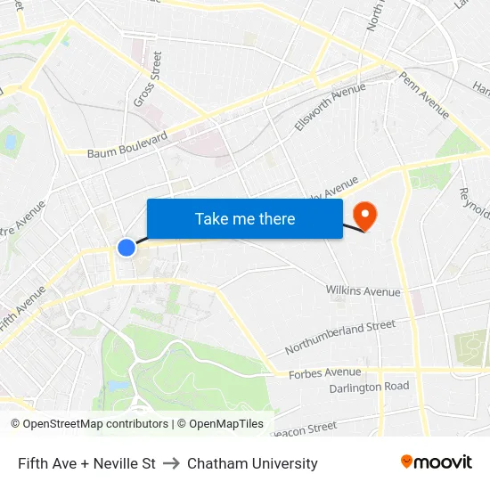 Fifth Ave + Neville St to Chatham University map