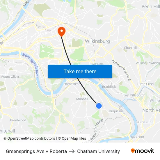 Greensprings Ave + Roberta to Chatham University map