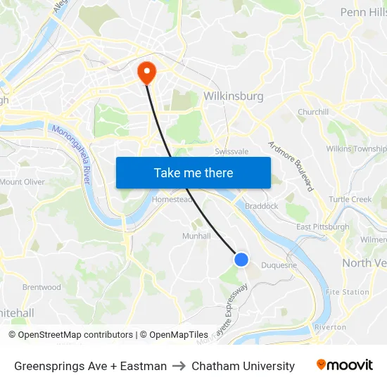 Greensprings Ave + Eastman to Chatham University map