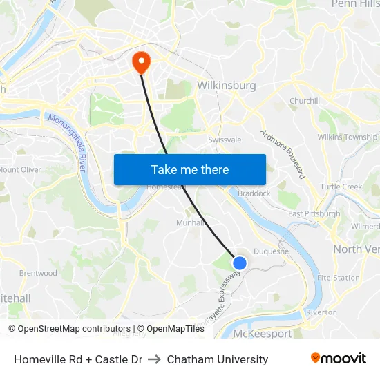 Homeville Rd + Castle Dr to Chatham University map