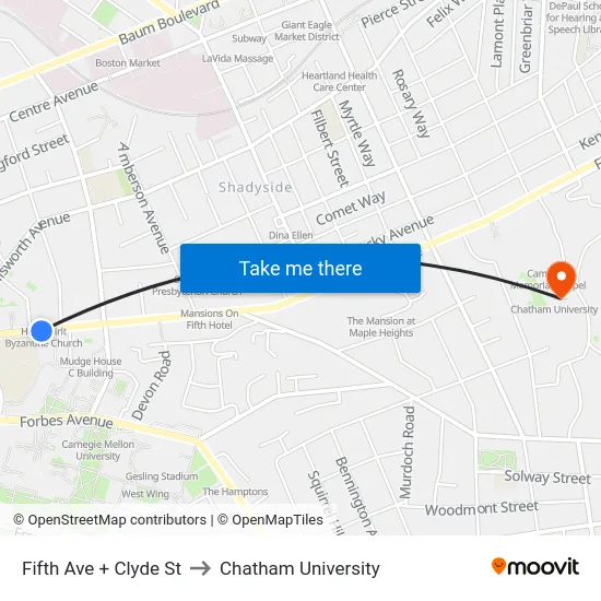 Fifth Ave + Clyde St to Chatham University map