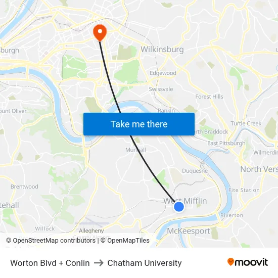 Worton Blvd + Conlin to Chatham University map