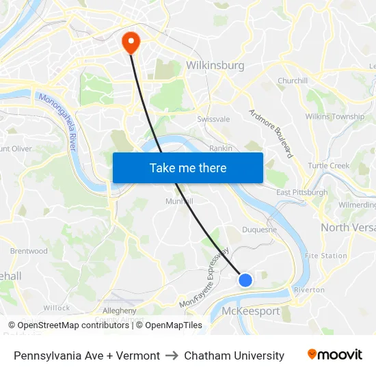 Pennsylvania Ave + Vermont to Chatham University map