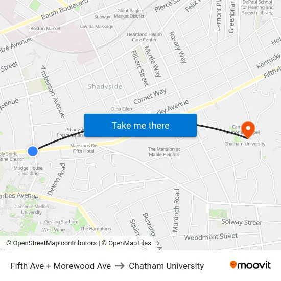 Fifth Ave + Morewood Ave to Chatham University map