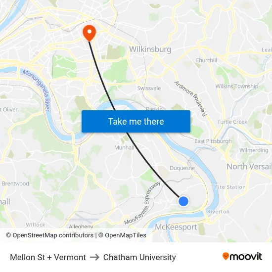 Mellon St + Vermont to Chatham University map