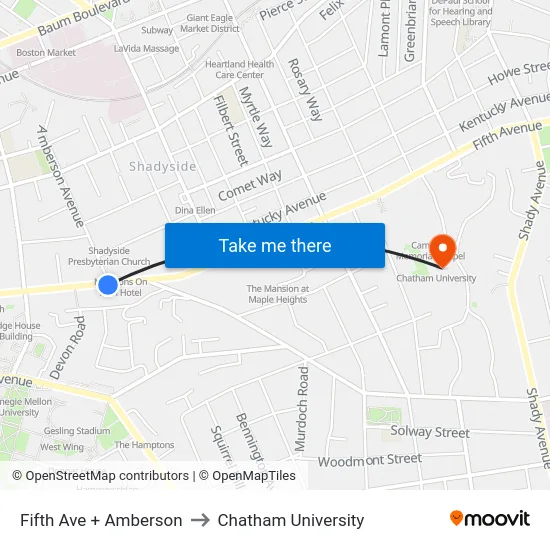 Fifth Ave + Amberson to Chatham University map