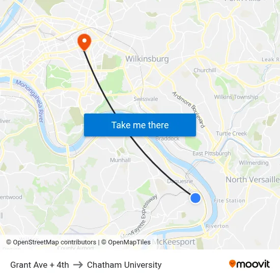 Grant Ave + 4th to Chatham University map