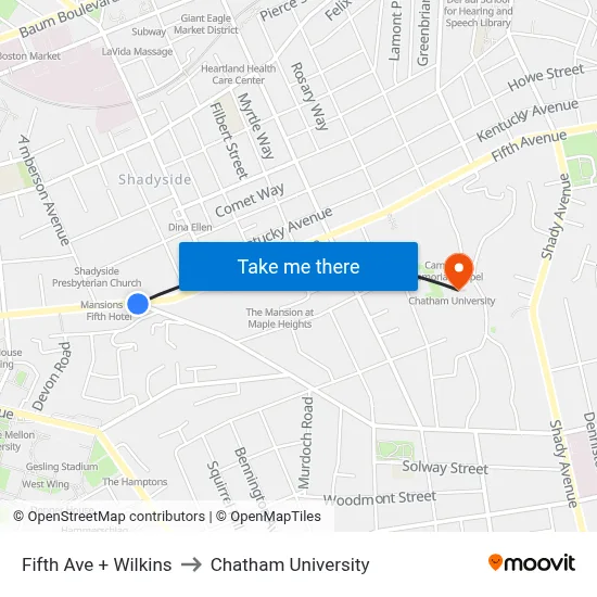 Fifth Ave + Wilkins to Chatham University map
