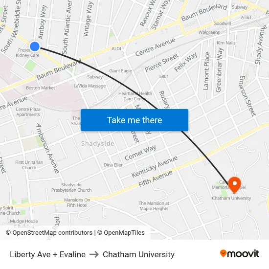 Liberty Ave + Evaline to Chatham University map