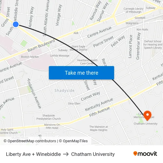 Liberty Ave + Winebiddle to Chatham University map
